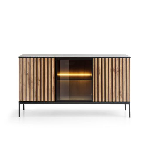 Buffet Large Moderne Avec Portes Et Façade Cannelée 154x83x39 Cm, Noir / Chêne Wotan