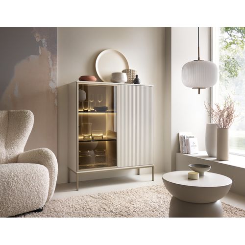 Vitrine Basse Moderne à Façade Cannelée, 104 X 126 X 39 Cm, Cachemire / Or