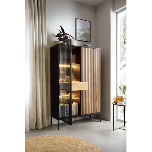 Vitrine Haute Moderne à Façade Cannelée, 104 X 166 X 39 Cm, Noir / Chêne Wotan