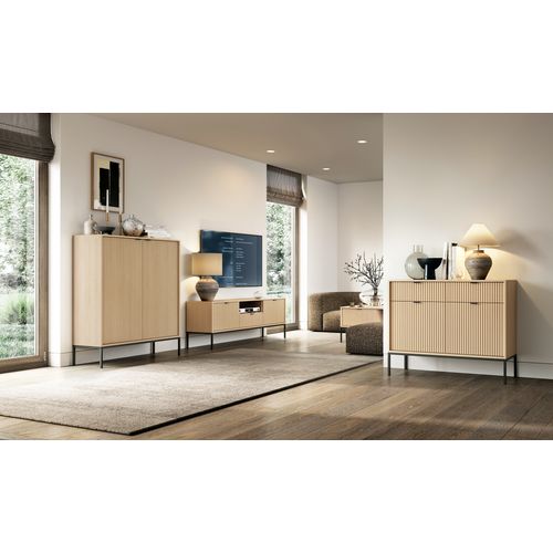 Commode : 2 Tiroirs, 2 Portes, Chêne Vincenza, Noir, 104 X 83 X 39 Cm, Poignées Noires