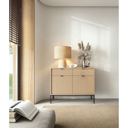 Commode : 2 Tiroirs, 2 Portes, Chêne Vincenza, Noir, 104 X 83 X 39 Cm, Poignées Noires