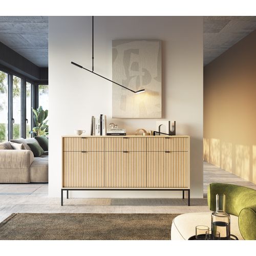 Commode : 3 Tiroirs, 3 Portes, Chêne Vincenza, Noir, 154 X 83 X 39 Cm, Poignées Noires