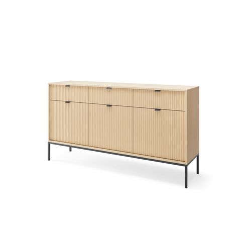 Commode : 3 Tiroirs, 3 Portes, Chêne Vincenza, Noir, 154 X 83 X 39 Cm, Poignées Noires