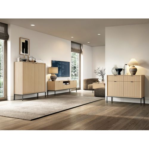 Commode : 3 Tiroirs, 3 Portes, Chêne Vincenza, Noir, 154 X 83 X 39 Cm, Poignées Noires