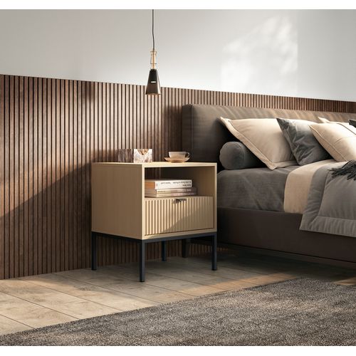 Table De Chevet : 1 Tiroir, Chêne Vincenza, Noir, 54 X 56 X 39 Cm, Poignées Noires