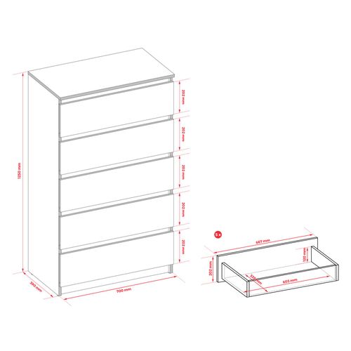 Commode : 5 Tiroirs, Caramel, 70 X 124 X 39 Cm
