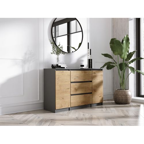 Buffet, 2 Portes, 3 Tiroirs, Anthracite, Chêne Lancelot, 120 X 79 X 39 Cm