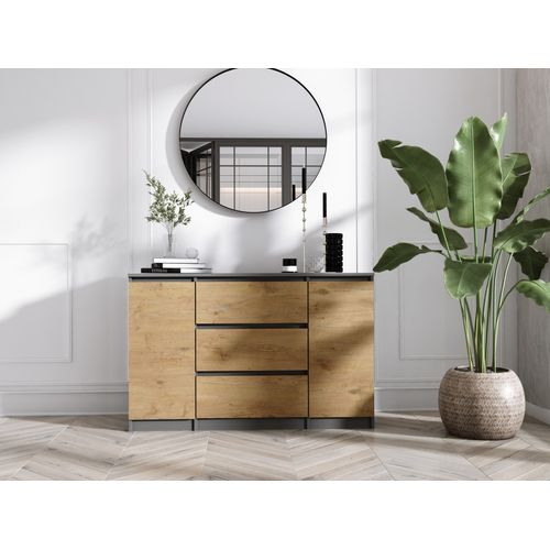 Buffet, 2 Portes, 3 Tiroirs, Anthracite, Chêne Lancelot, 120 X 79 X 39 Cm