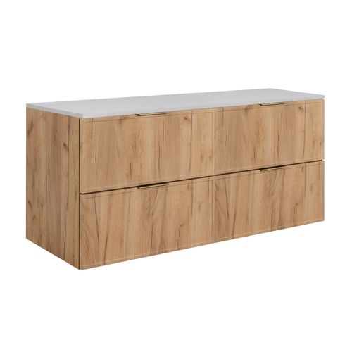 Meuble De Salle De Bain, Chêne Craft / Blanc, Poignée Dorée, 120 (2 X 60) X 46 X 57 Cm