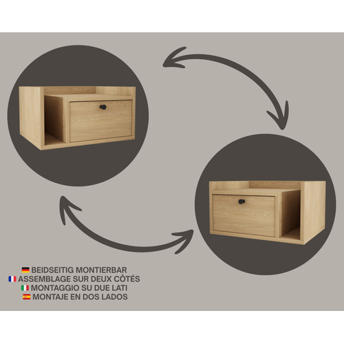 Table De Chevet Avec Tiroir Et Poignée Dorée, Chêne Cremona, 50 X 35 X 27 Cm, Côté Gauche