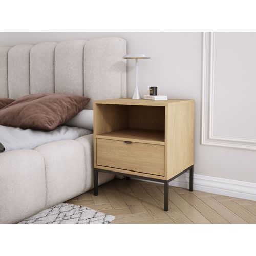 Table De Chevet Avec Tiroir Et Cadre, Poignée Dorée, Chêne Cremona, 50 X 40 X 58 Cm