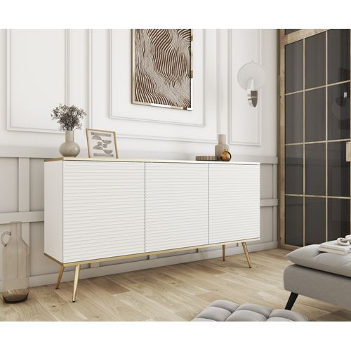 Buffet Avec 3 Portes Avec Pieds Dorés, 160 X 85 X 39 - Blanc