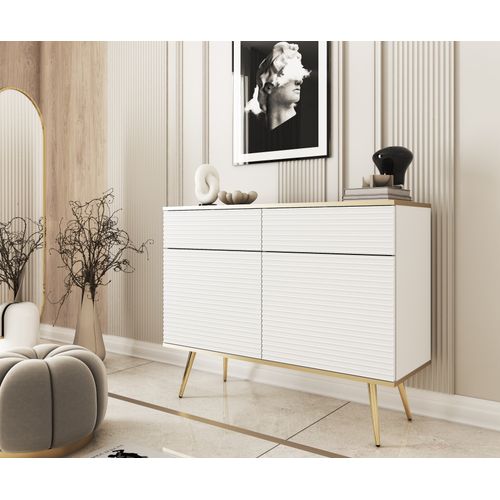 Buffet Avec 2 Portes Et 2 Tiroirs Avec Pieds Dorés, 107 X 85 X 39 Cm - Blanc