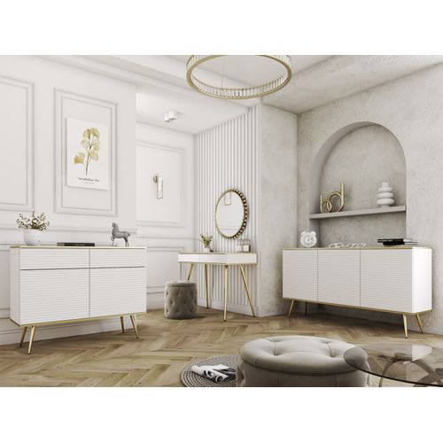 Buffet Avec 2 Portes Et 2 Tiroirs Avec Pieds Dorés, 107 X 85 X 39 Cm - Blanc