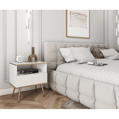 Table De Chevet Avec Pieds Dorés, 54 X 59 X 39 Cm - Blanc