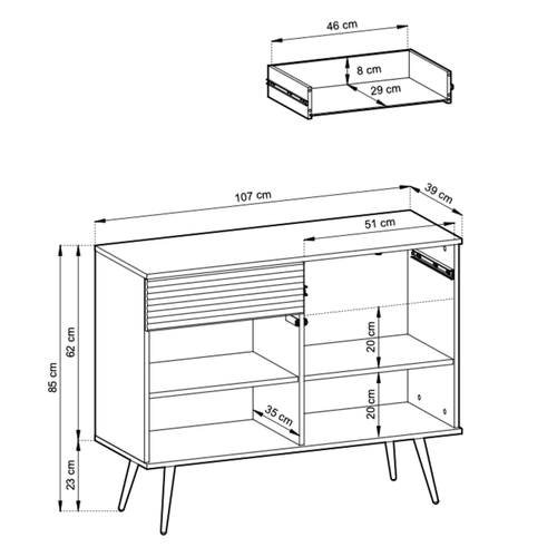 Buffet Avec 2 Portes Et 2 Tiroirs Avec Pieds Dorés, 107 X 85 X 39 Cm - Noir