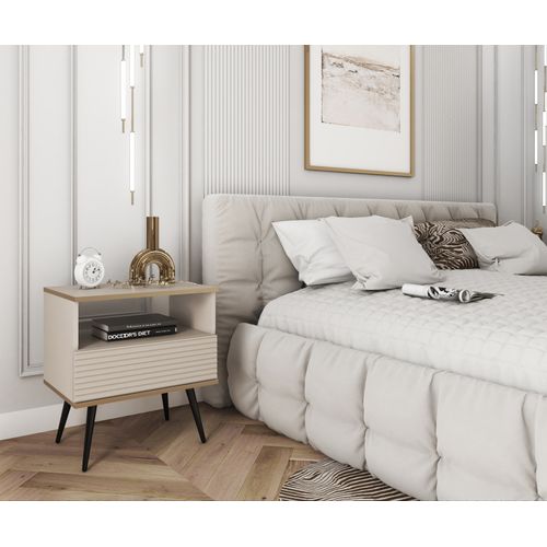 Table De Chevet Glamour Beige Avec Pieds Noirs, 54 X 59 X 39