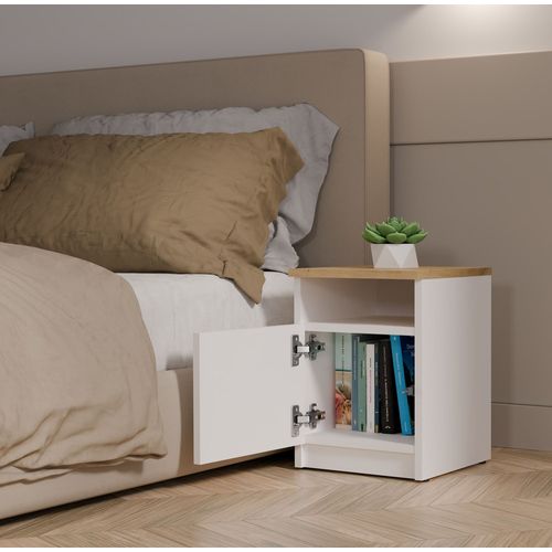 Table De Chevet, Blanc / Chêne Artisan, 30 X 40 X 30 Cm