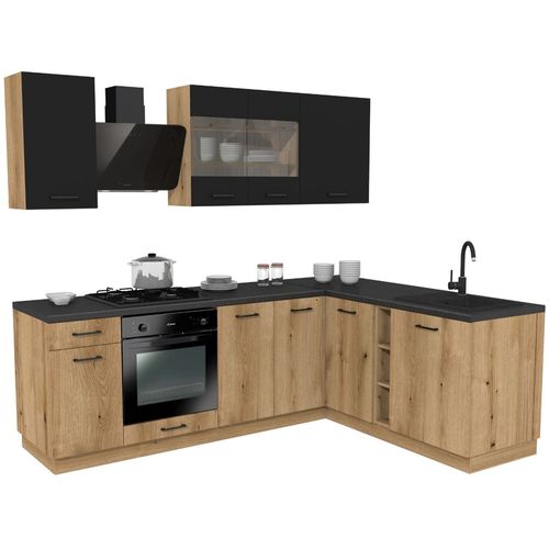 Ensemble D'armoires De Cuisine, Noir / Chêne Evoke, 240 / 180 X Réglable X 48,5 Cm