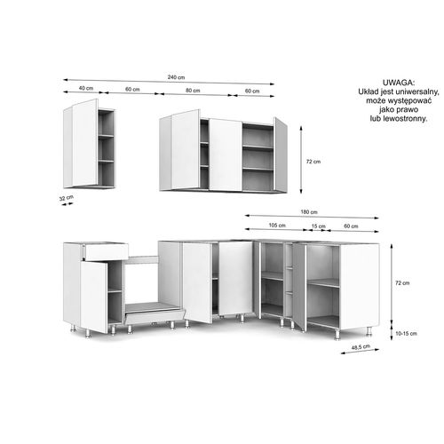 Ensemble D'armoires De Cuisine, Cachemire / Chêne Evoke, 240 / 180 X Réglable X 48,5 Cm