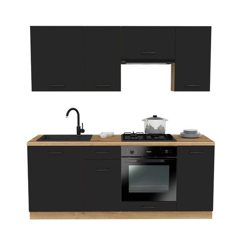 Ensemble D'armoires De Cuisine, Noir / Chêne Evoke, 200 X Réglable X 48,5 Cm