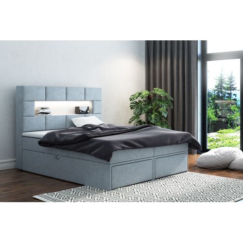 Lit Adulte 180x200 Cm Comolux  Rangement Matelas Ressorts Ensachés Surmatelas Et LED En Velours Gris