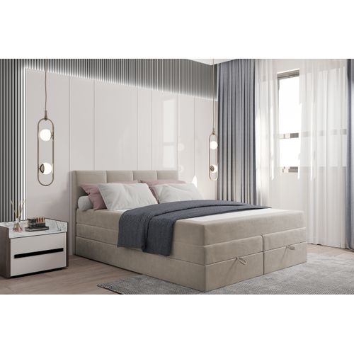 Lit Boxspring 140x200 Cm Prado Avec Rangement Et Matelas Ressorts Ensachés En Velours Beige