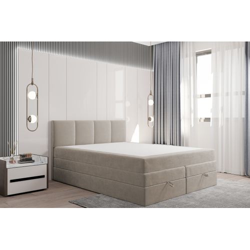 Lit Boxspring 160x200 Cm Prado Avec Rangement Et Matelas Ressorts Ensachés En Velours Beige