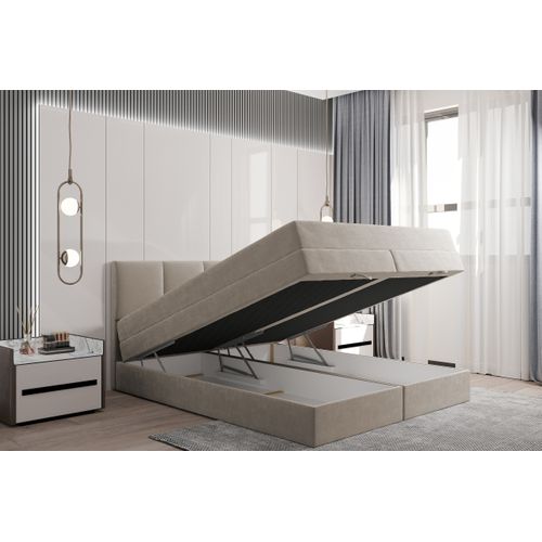 Lit Boxspring 160x200 Cm Prado Avec Rangement Et Matelas Ressorts Ensachés En Velours Beige