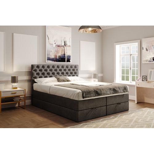 Lit Boxspring 180x200 Cm Louvre Rangement Et Matelas Ressorts Ensachés En Velours Gris Foncé