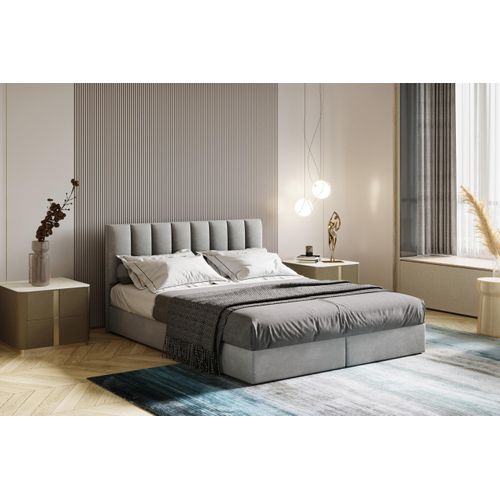 Lit Adulte 180x200 Cm City Matelas Ressorts Intégrés, Rangement, Surmatelas En Velours Gris Clair