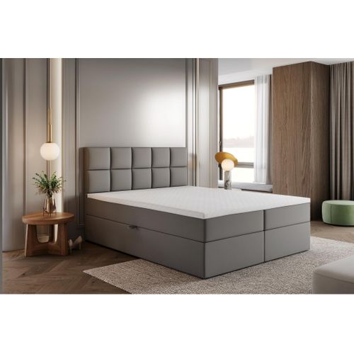 Lit Boxspring 180x200 Cm Bali Avec Matelas Ressorts Intégrés, Rangement, Surmatelas En Velours Gris