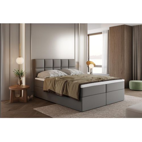 Lit Boxspring 180x200 Cm Bali Avec Matelas Ressorts Intégrés, Rangement, Surmatelas En Velours Gris