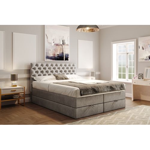 Lit Boxspring 140x200 Cm Louvre Rangement Et Matelas Ressorts Ensachés En Velours Gris Clair