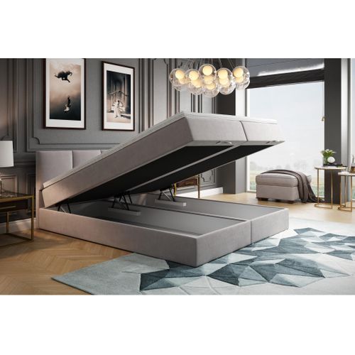 Lit Adulte 160x200 Cm Royal Matelas Ressorts Intégrés, Rangement, Surmatelas En Velours Gris Clair