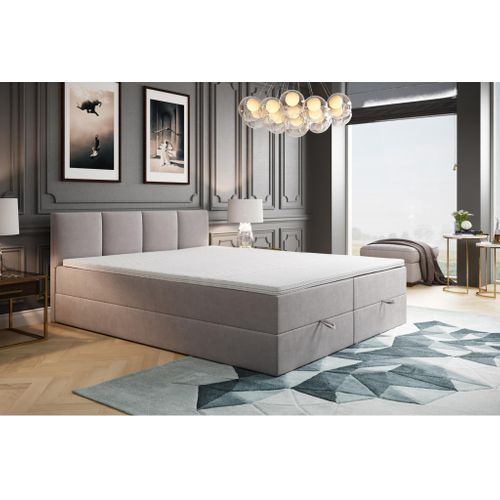 Lit Adulte 180x200 Cm Royal Matelas Ressorts Intégrés, Rangement, Surmatelas En Velours Gris Clair
