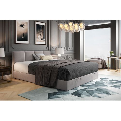 Lit Adulte 200x200 Cm Royal Matelas Ressorts Intégrés, Rangement, Surmatelas En Velours Gris Clair