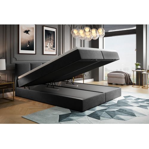 Lit Boxspring 140x200 Cm Royal Matelas Ressorts Intégrés, Rangement, Surmatelas, Velours Gris Foncé