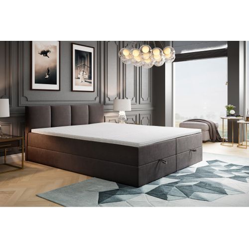 Lit Boxspring 160x200 Cm Royal Matelas Ressorts Intégrés, Rangement, Surmatelas, Velours Gris Foncé