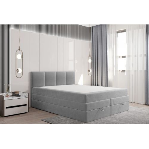 Lit Boxspring 180x200 Cm Prado Avec Rangement Et Matelas Ressorts Ensachés En Velours Gris Clair