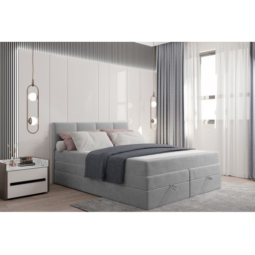 Lit Boxspring 180x200 Cm Prado Avec Rangement Et Matelas Ressorts Ensachés En Velours Gris Clair