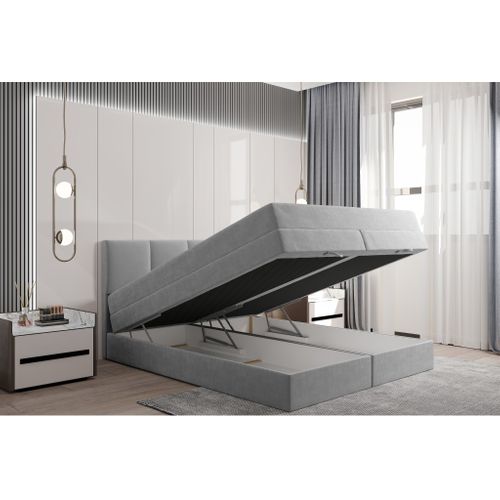 Lit Boxspring 180x200 Cm Prado Avec Rangement Et Matelas Ressorts Ensachés En Velours Gris Clair