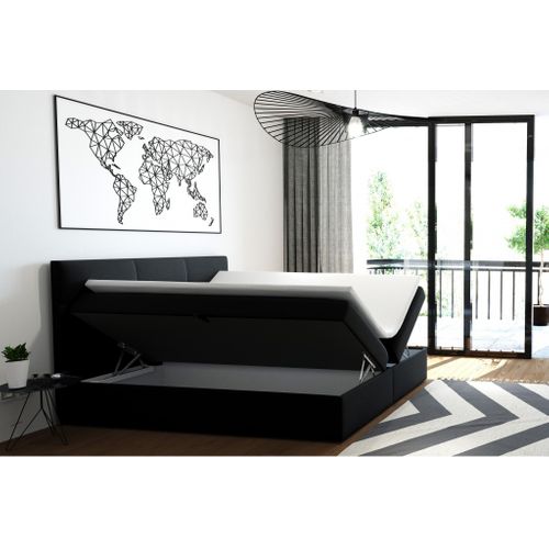 Lit Boxspring 140x200 Cm Top Avec Matelas Ressorts Intégrés, Rangement, Surmatelas En Velours Noir