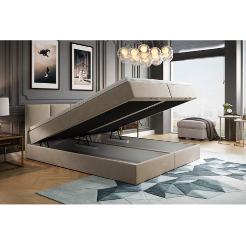 Ensemble 180x200 Cm Royal Avec Matelas Ressorts Intégrés, Rangement, Surmatelas En Velours Beige
