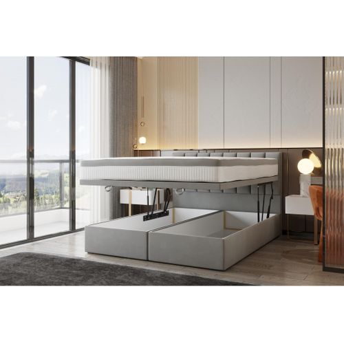 Lit Adulte 140x200 Cm Bond Avec Rangement Et Matelas Ressorts Ensachés En Tissu Velours Gris