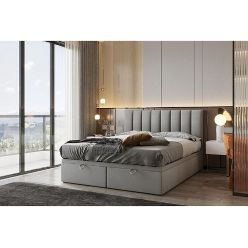 Lit Adulte 200x200 Cm Bond Avec Rangement Et Matelas Ressorts Ensachés En Tissu Velours Gris