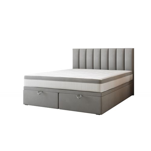 Lit Adulte 200x200 Cm Bond Avec Rangement Et Matelas Ressorts Ensachés En Tissu Velours Gris