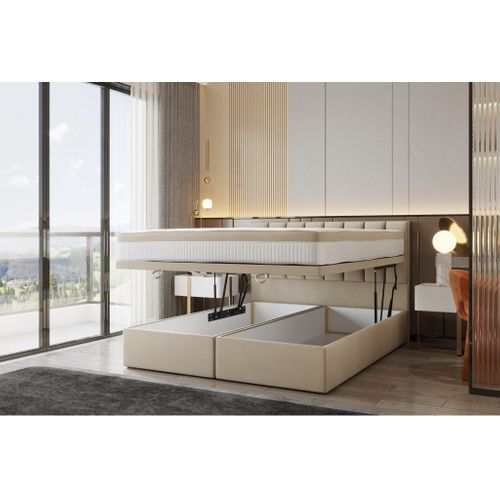 Ensemble 140x200 Cm Bond Avec Rangement Et Matelas Ressorts Ensachés En Tissu Velours Beige