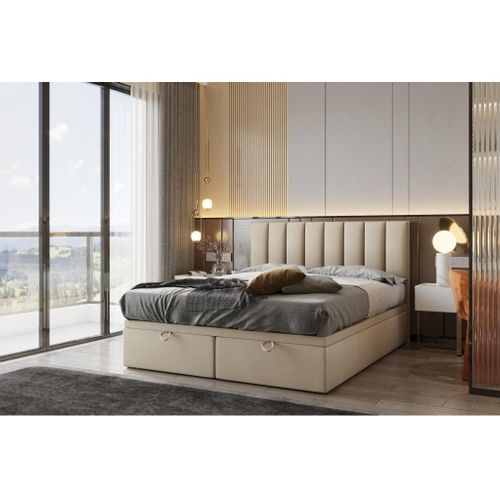 Ensemble 140x200 Cm Bond Avec Rangement Et Matelas Ressorts Ensachés En Tissu Velours Beige