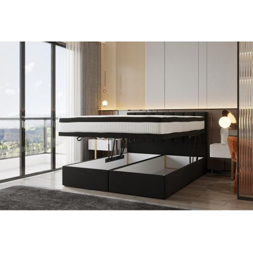 Lit Boxspring 140x200 Cm Bond Avec Rangement Et Matelas Ressorts Ensachés En Tissu Velours Noir
